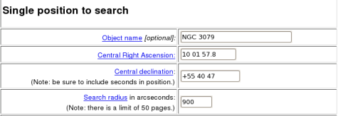 Example inputs to the NVSS catalog browser to look for neighboring radio sources of NGC 3079.