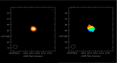 Simulation of M51 CO 1-0 at z = 0.3. Left: integrated intensity map. Right: (marginally resolved) velocity field.