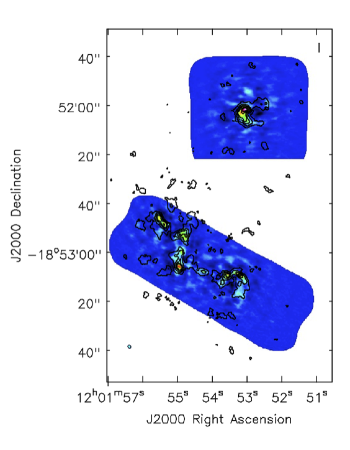 Fig. 13. The CO(3-2) total intensity map (moment 0) comparison with SMA data. Colour image is ALMA data, combining southern and northern mosaics. contours show SMA data (Ueda, Iono, Petitpas et al., in preparation, to be submitted to ApJ).