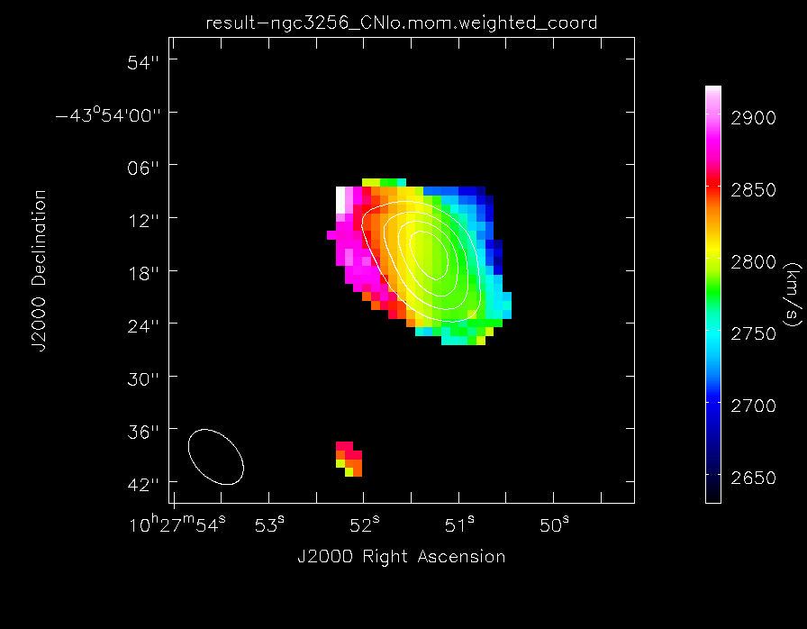 The lower frequency CN(1-0) velocity field of NGC3256, with contours of the total line emission map overlaid