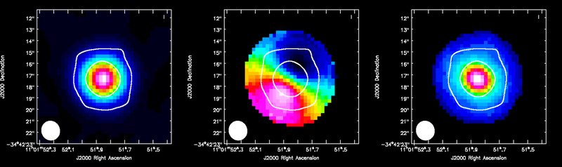 ALMA HCO+(4-3) moment maps, with white continuum contours at 3 and 100 sigma. From left to right: integrated intensity, intensity weighted velocity field, intensity weighted velocity dispersion are shown.