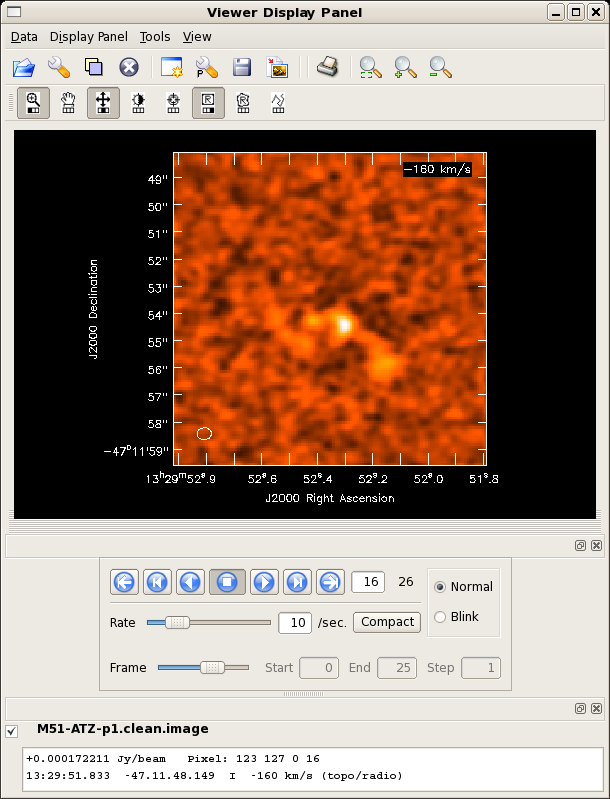 M51 CO (1-0) at z=0.1 simulation. Shown is a screengrab of the viewer spectral region tool, showing the spatially averaged spectrum.
