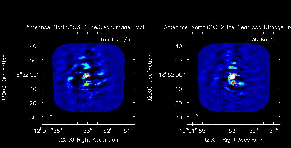 Comparison of channel 43 before selfcal (left) and after selfcal (right).