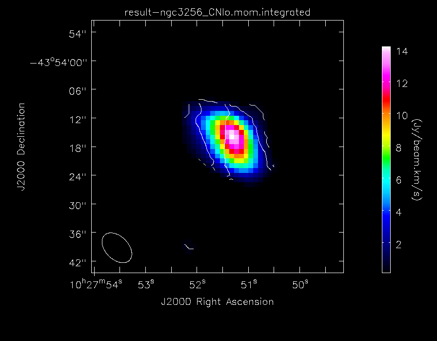 The lower frequency CN(1-0) "moment 0" total intensity maps of NGC3256, with contours of the velocity field overlaid