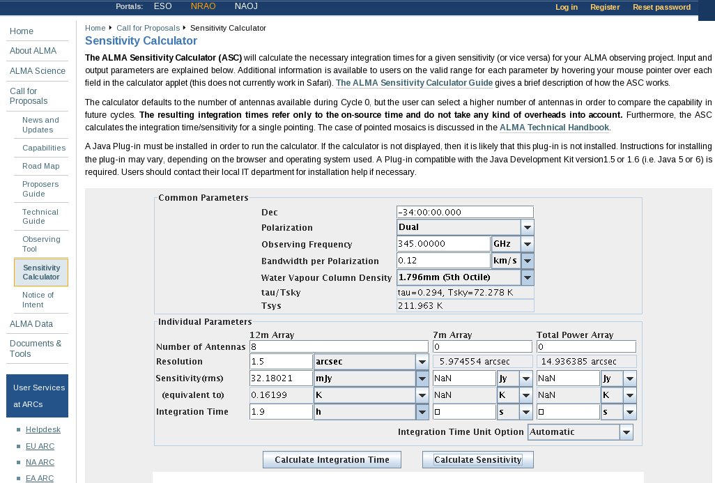 Sensitivity calculator setup with observed continuum parameters for these observations.