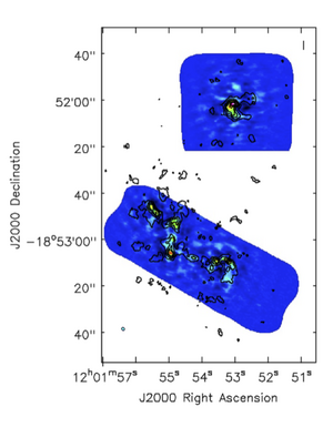Fig. 13. The CO(3-2) total intensity map (moment 0) comparison with SMA data. Colour image is ALMA data, combining southern and northern mosaics. contours show SMA data (Ueda, Iono, Petitpas et al., in preparation, to be submitted to ApJ).