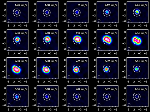 Channel maps of the HCO+(4-3) emission with white continuum contours at 3 and 100 sigma. The color intensity scale is the same as that used for CO(3-2)